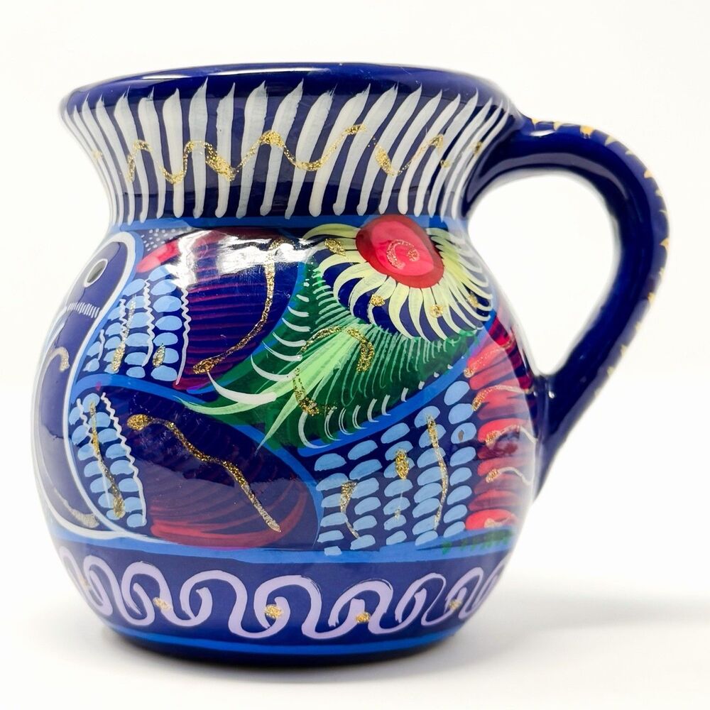 Vintage Mexican Barro Rojo Clay Coffee Mug Hand Painted Folk Art Bird